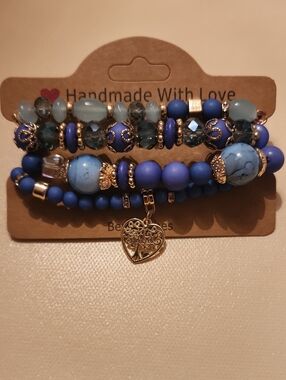 4pcs Set Simple Mix-And-Match Bead Heart Pendant Multi-Layered Ladies Bracelets
